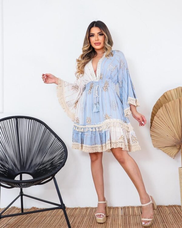 VESTIDO CURTO FEMININO SAMI AZUL DETALHES LUREX