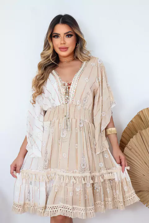 VESTIDO CURTO FEMININO SAMI CARAMELO DETALHES LUREX