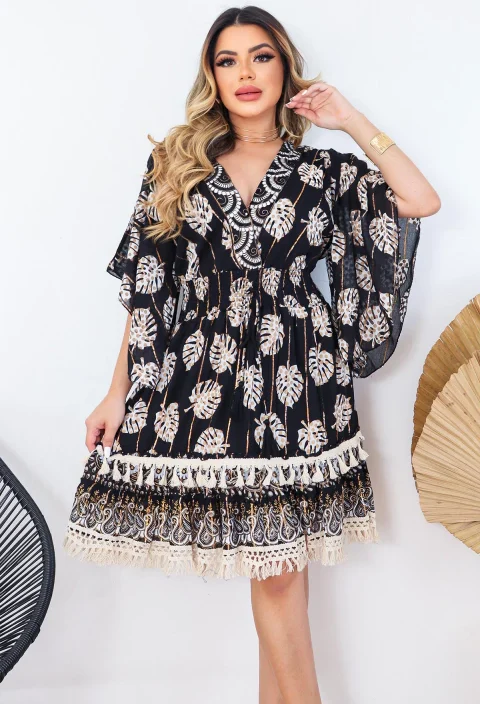 VESTIDO CURTO FEMININO BOHO MANGA LONGA DETALHES LUREX