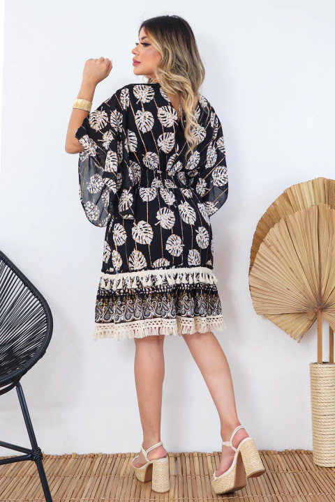 VESTIDO CURTO FEMININO BOHO MANGA LONGA DETALHES LUREX - Imagem 5