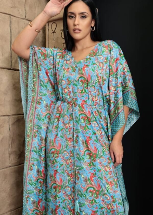 KAFTAN LONGO FEMININO SEDA INDIANA GOLA REDONDA PLUZ SIZE - AZUL