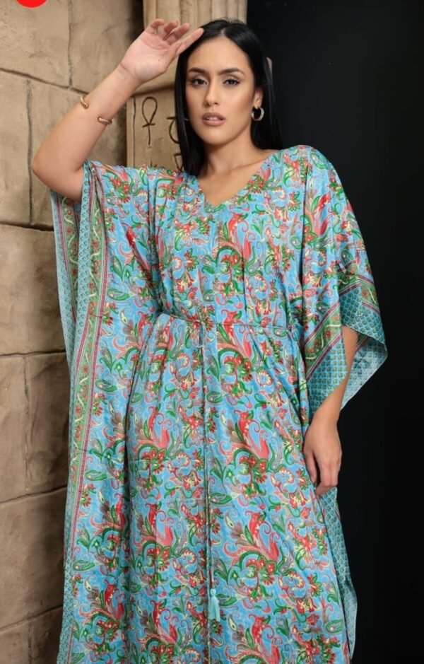 KAFTAN LONGO FEMININO SEDA INDIANA GOLA REDONDA PLUZ SIZE - AZUL