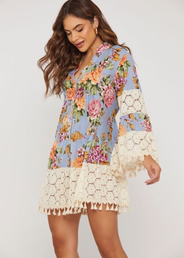 BATA FEMININA FLORAL BOHO EM ALGODÃO COM RENDA E POMPOM