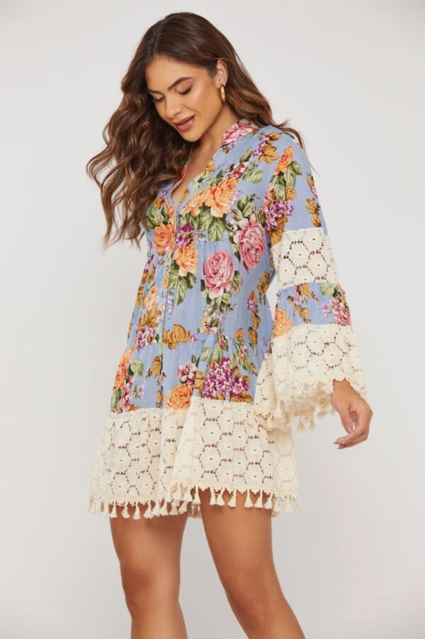 BATA FEMININA FLORAL BOHO EM ALGODÃO COM RENDA E POMPOM