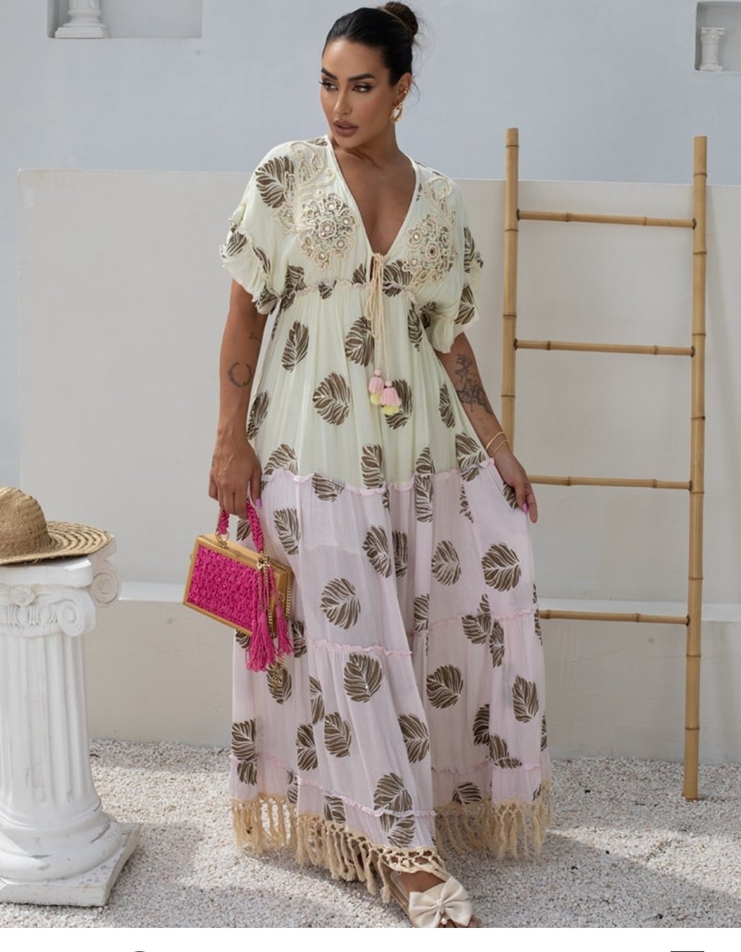 VESTIDO LONGO FEMININO BOHO DEGRADÊ COM BORDADOS E FRANJAS - Imagem 3