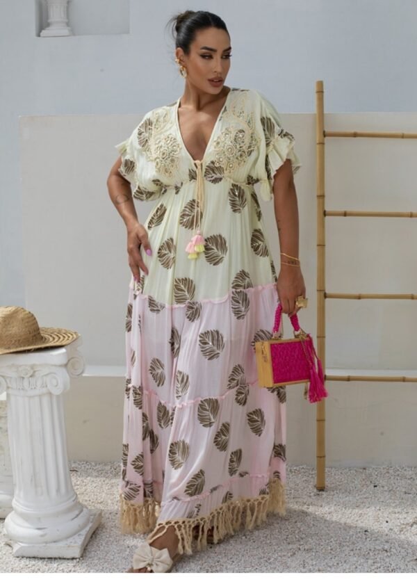 VESTIDO LONGO FEMININO BOHO DEGRADÊ COM BORDADOS E FRANJAS