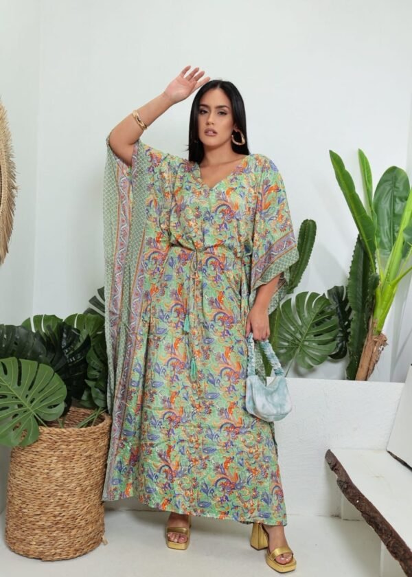 KAFTAN LONGO FEMININO SEDA INDIANA GOLA REDONDA PLUZ SIZE - VERDE