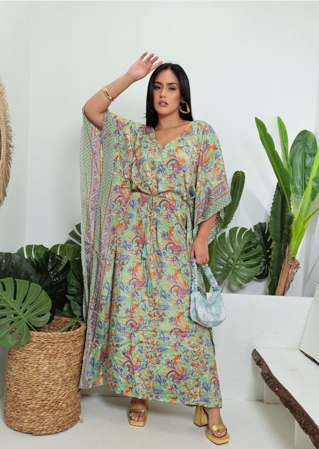 KAFTAN LONGO FEMININO SEDA INDIANA GOLA REDONDA PLUZ SIZE - VERDE