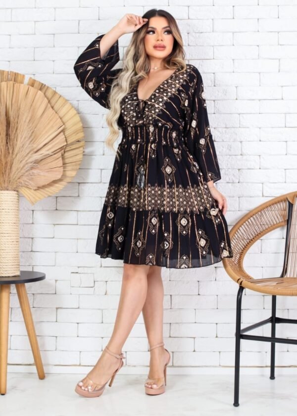 VESTIDO CURTO FEMININO BORDADO COM FIOS DE LUREX - PRETO