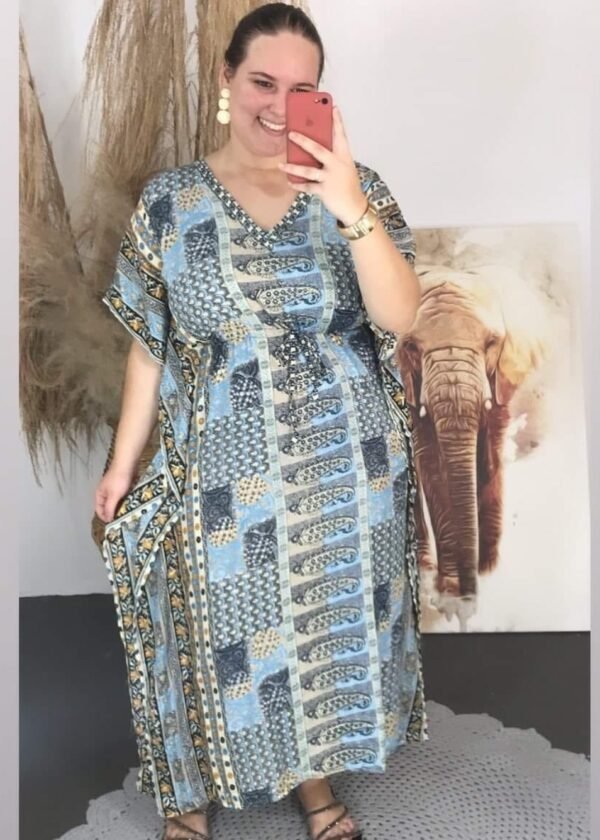 KAFTAN LONGO FEMININO SEDA INDIANA GOLA REDONDA PLUZ SIZE - AZUL CLARO