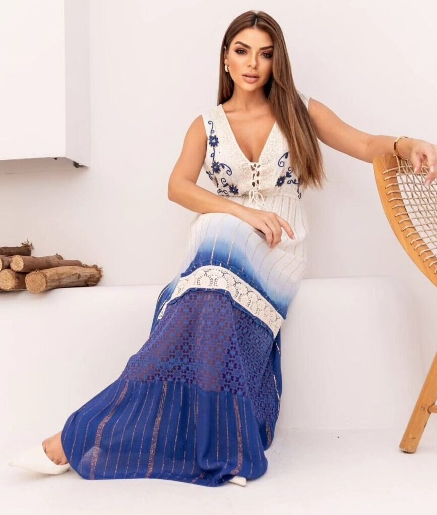 VESTIDO LONGO FEMININO BOHO REGATA COM BORDADOS E FIOS DE LUREX