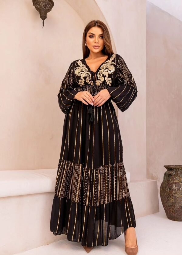 VESTIDO LONGO FEMININO CREPE BODADO MANGA LONGA