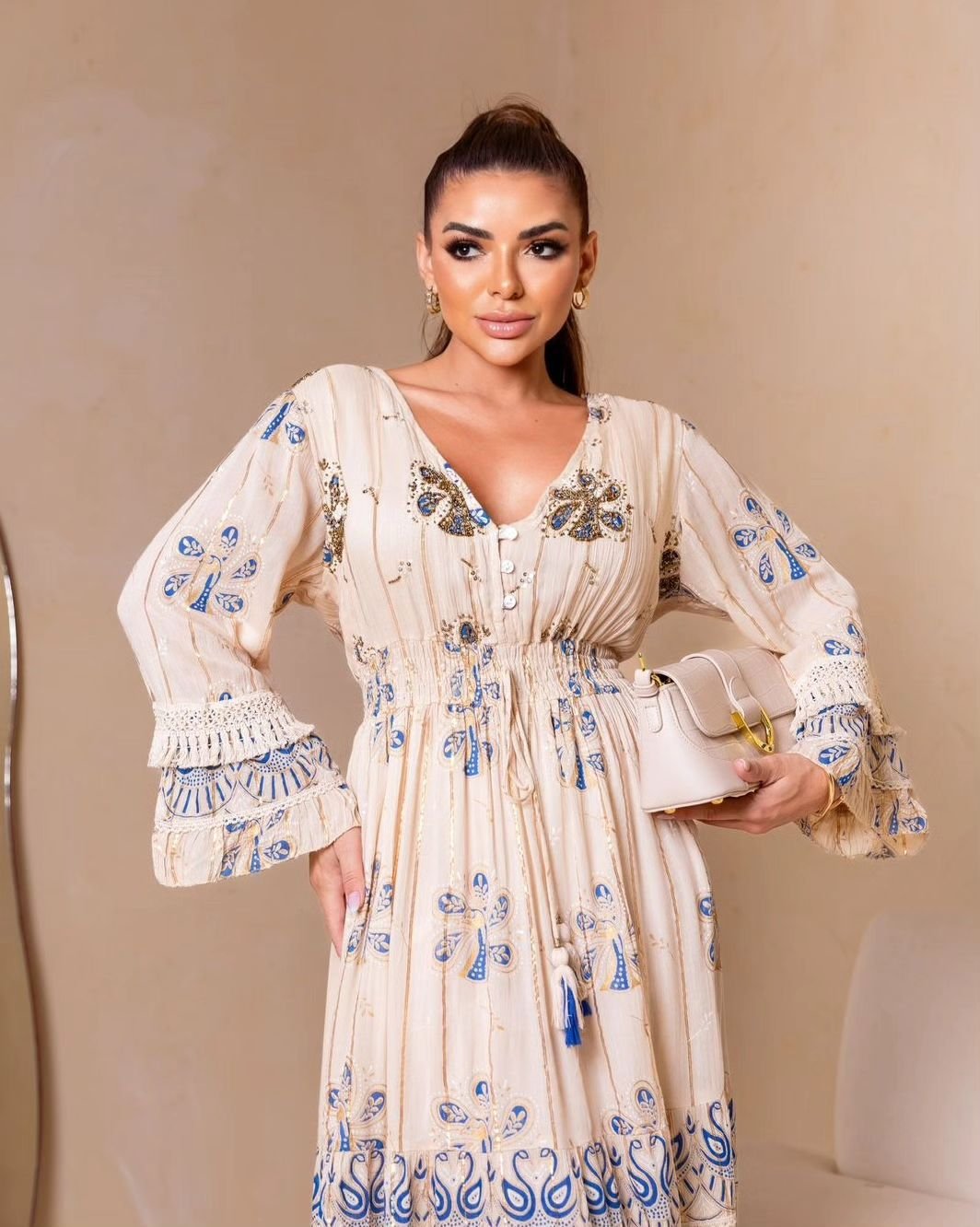 VESTIDO LONGO FEMININO CREPE DE VISCOSE MANGA LONGA - Imagem 3