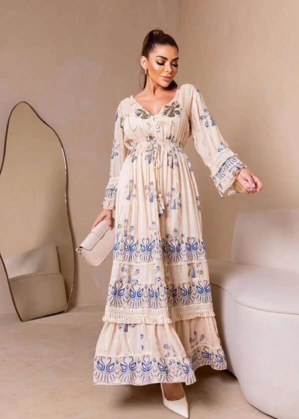 VESTIDO LONGO FEMININO CREPE DE VISCOSE MANGA LONGA