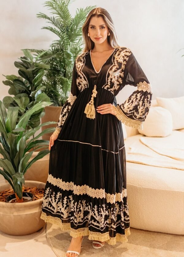 Vestido Longo Boho Manga Flare Preto