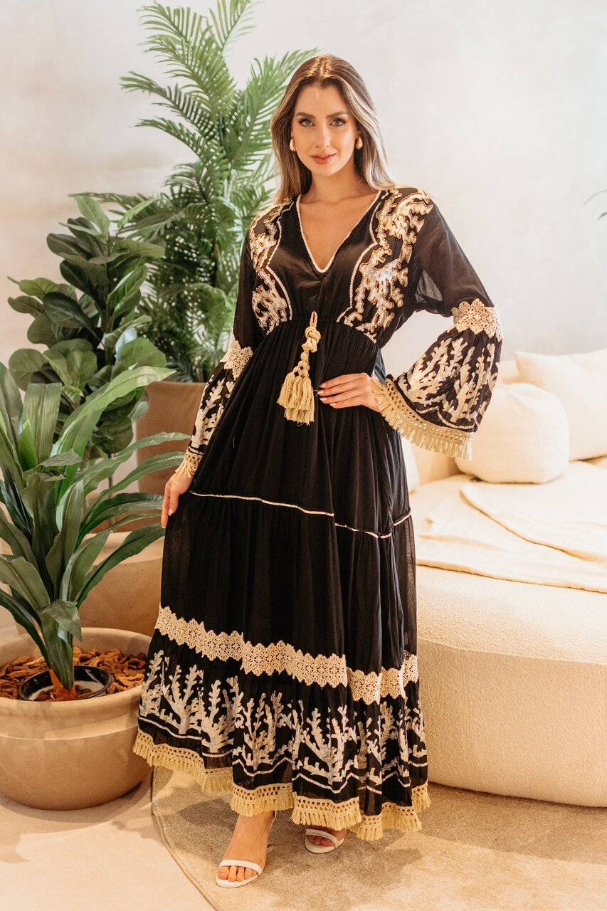 Vestido Longo Boho Manga Flare Preto
