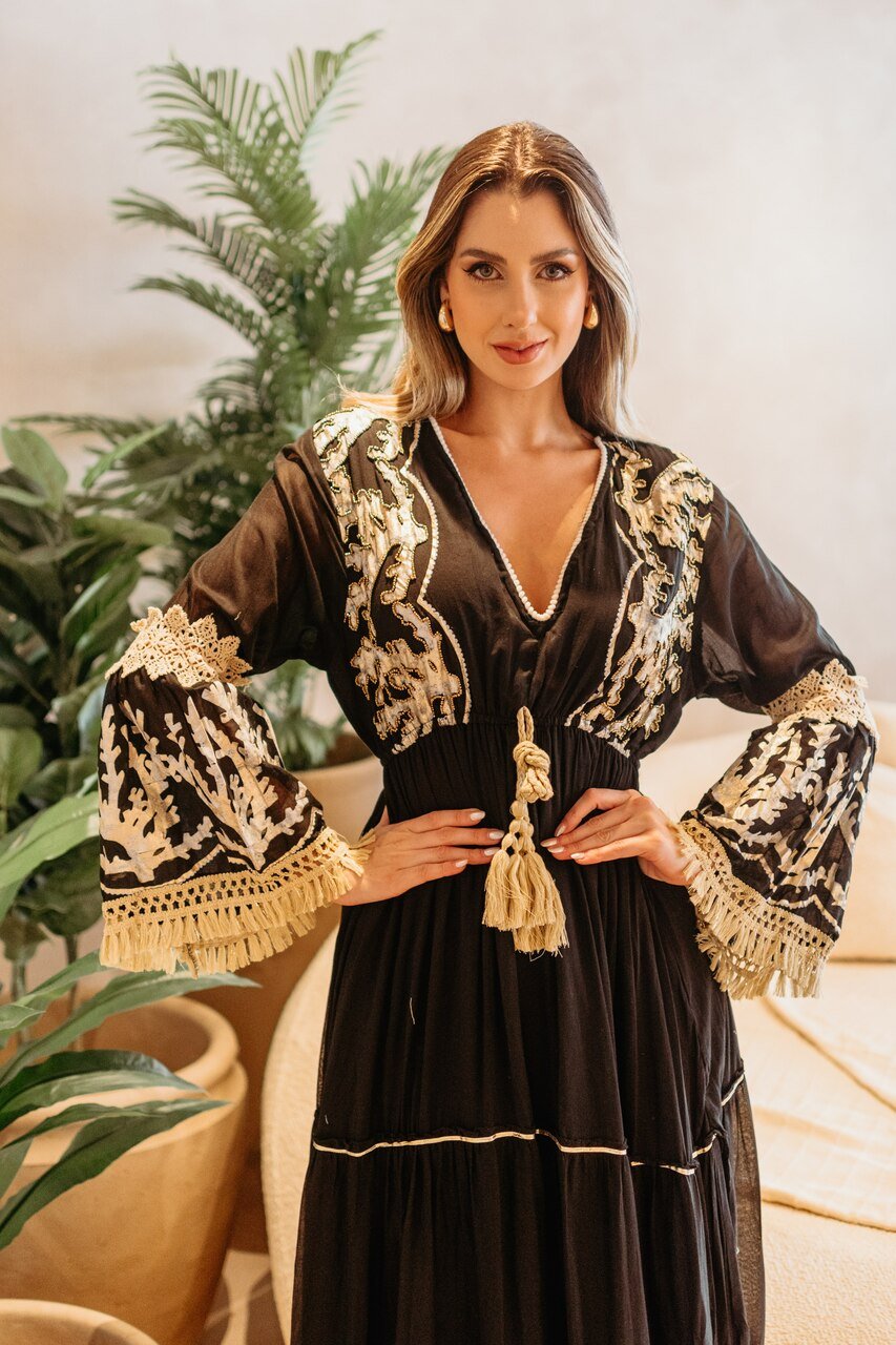 Vestido Longo Boho Manga Flare Preto - Imagem 2