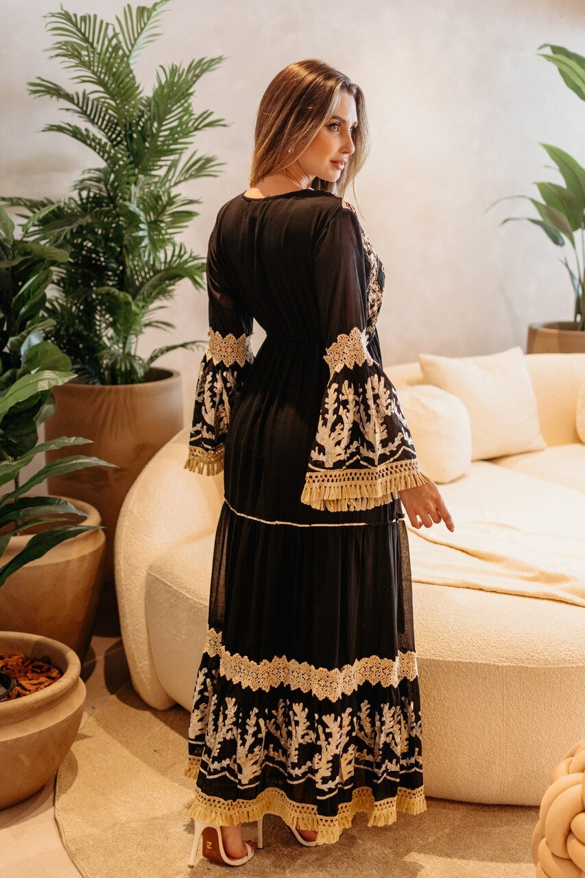 Vestido Longo Boho Manga Flare Preto - Imagem 3