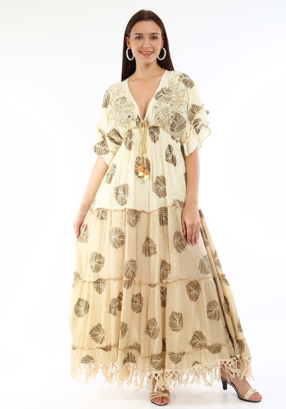 VESTIDO LONGO FEMININO BOHO DEGRADÊ COM BORDADOS E FRANJAS - Imagem 4