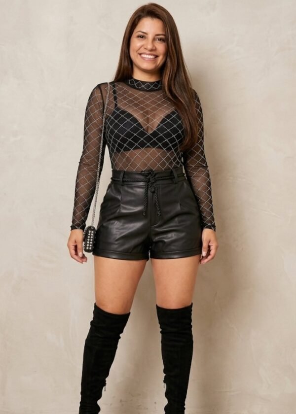 Conjunto 3 Peças em Tule com Body, Top e Short em Courino