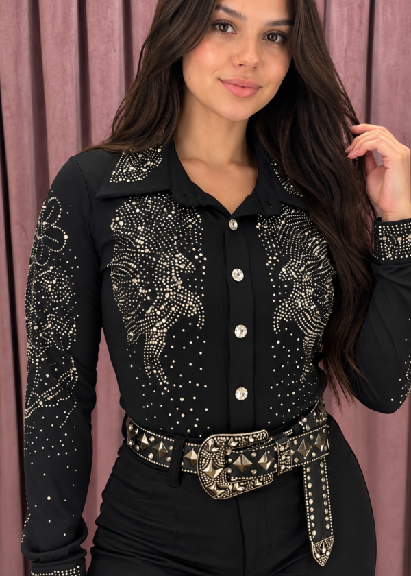 Body Feminino Country em Suplex com Strass Manga Longa – Preto